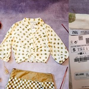 Zara Cream and Green Polka Dot Blouse